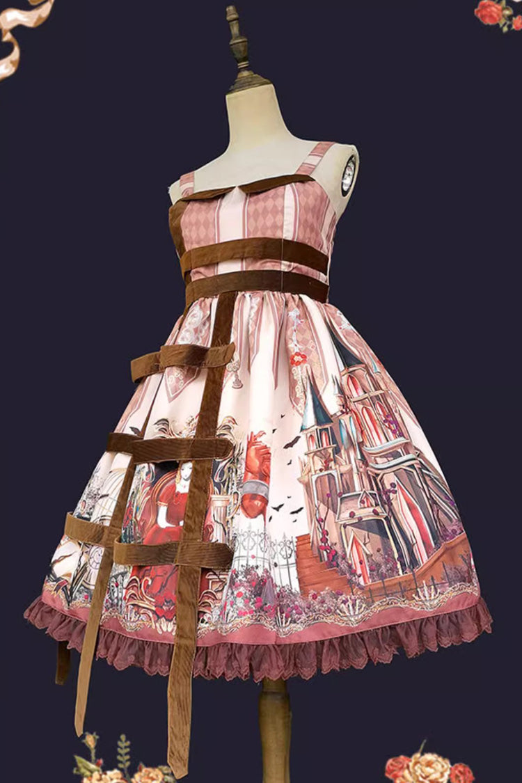 Lolita Jumper Skirt - Midnight Magic Church Print, 3 Colors, Punk Style, Ruffled, Printed - S Red/Brown / M Red/Brown / L Red/Brown option