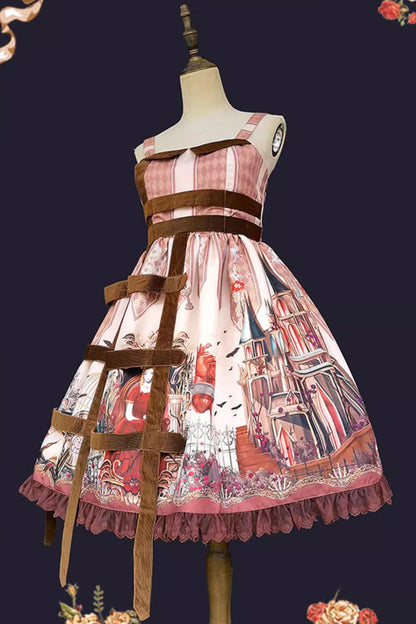 Lolita Jumper Skirt - Midnight Magic Church Print, 3 Colors, Punk Style, Ruffled, Printed - S Red/Brown / M Red/Brown / L Red/Brown option