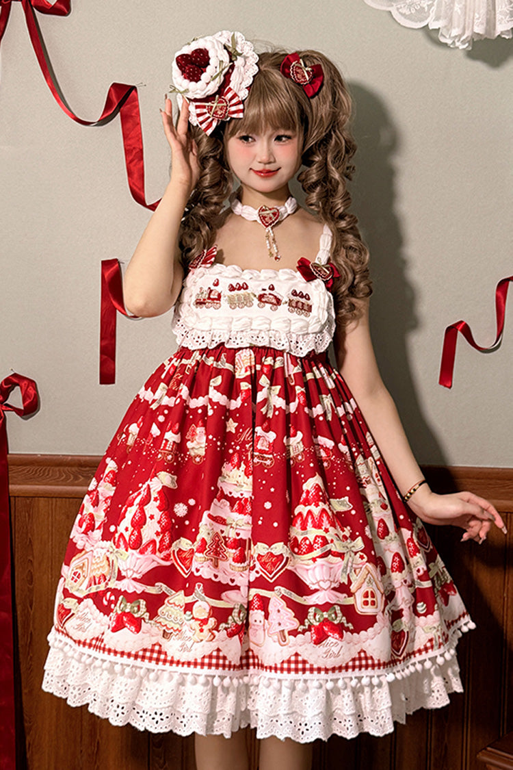 Lolita Jumper Skirt - Mint Strawberry Dessert Print, 4 Colors, High Waist, Bow Detail - additional product view 5