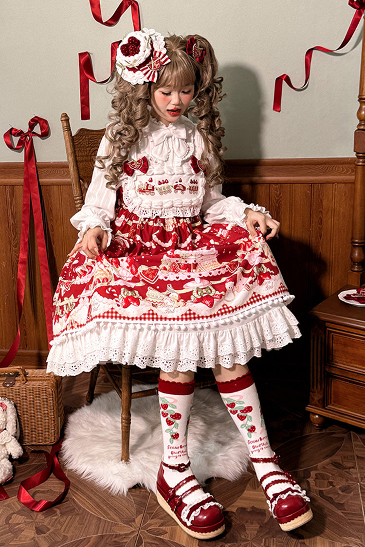 Lolita Jumper Skirt - Mint Strawberry Dessert Print, 4 Colors, High Waist, Bow Detail - additional product view 6