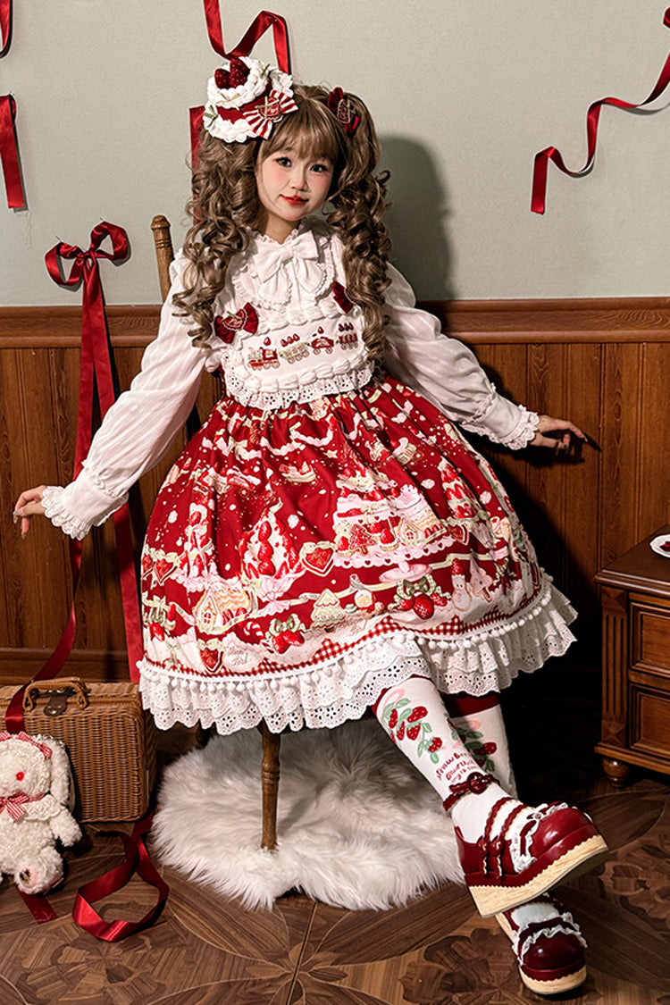 Lolita Jumper Skirt - Mint Strawberry Dessert Print, 4 Colors, High Waist, Bow Detail - additional product view 7