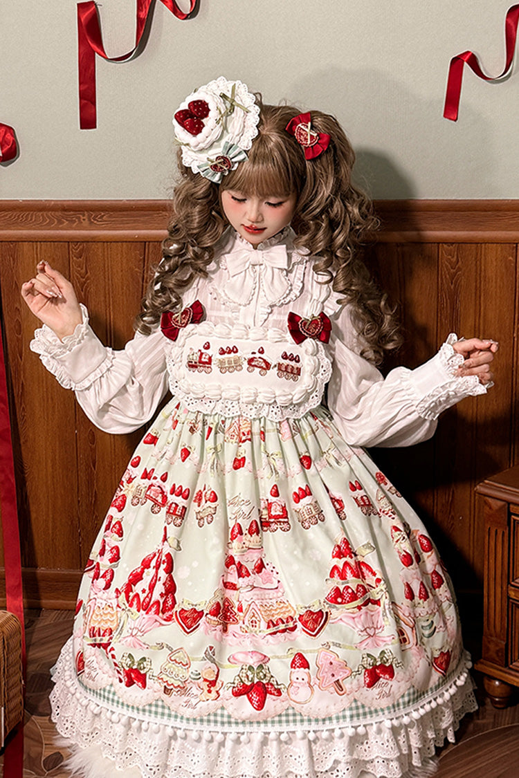 Lolita Jumper Skirt - Mint Strawberry Dessert Print, 4 Colors, High Waist, Bow Detail - additional product view 8
