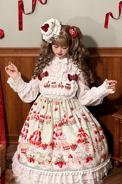 Lolita Jumper Skirt - Mint Strawberry Dessert Print, 4 Colors, High Waist, Bow Detail - additional product view 8