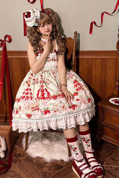 Lolita Jumper Skirt - Mint Strawberry Dessert Print, 4 Colors, High Waist, Bow Detail - additional product view 9