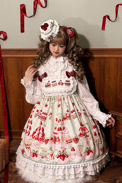 Lolita Jumper Skirt - Mint Strawberry Dessert Print, 4 Colors, High Waist, Bow Detail - additional product view 10