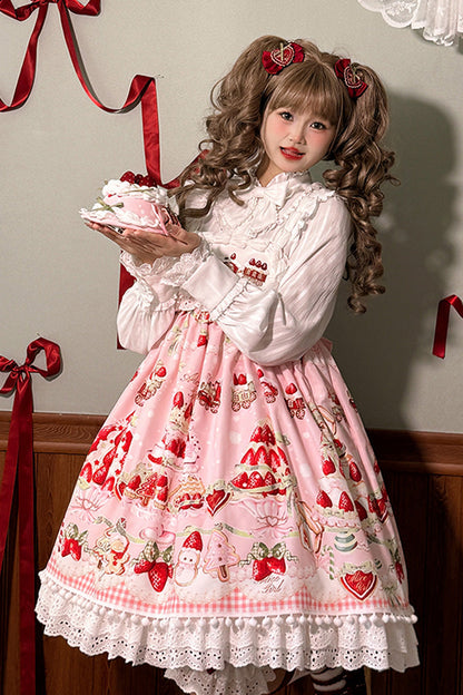 Lolita Jumper Skirt - Mint Strawberry Dessert Print, 4 Colors, High Waist, Bow Detail - additional product view 11