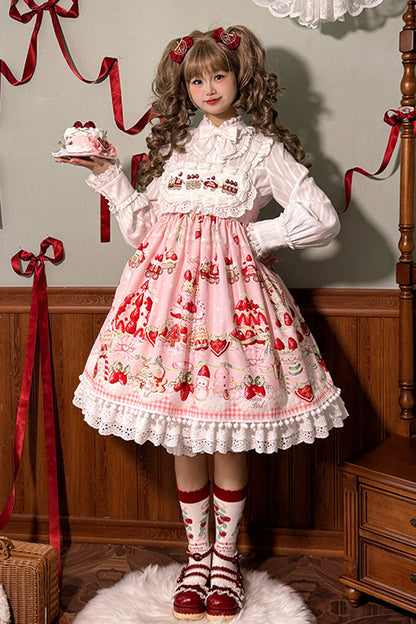 Lolita Jumper Skirt - Mint Strawberry Dessert Print, 4 Colors, High Waist, Bow Detail - additional product view 12