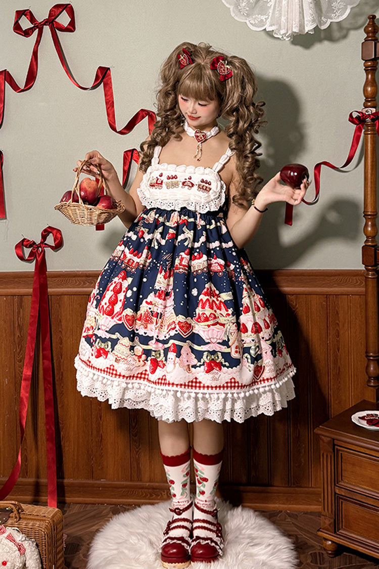 Lolita Jumper Skirt - Mint Strawberry Dessert Print, 4 Colors, High Waist, Bow Detail - additional product view 13