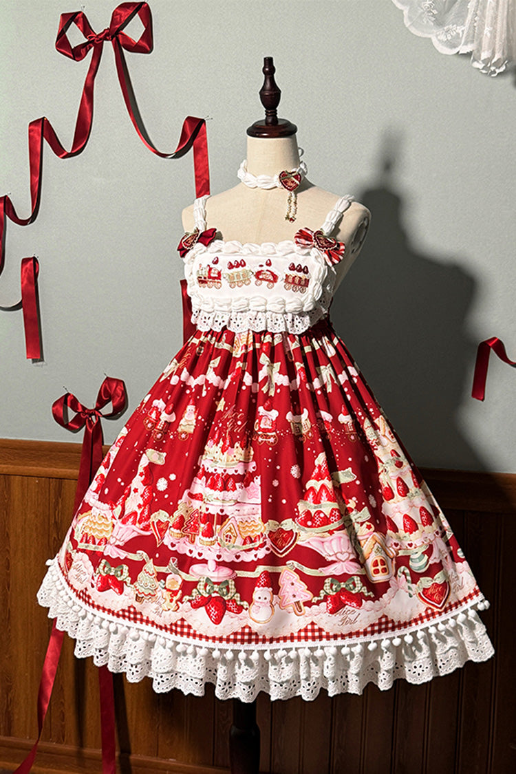 Lolita Jumper Skirt - Mint Strawberry Dessert Print, 4 Colors, High Waist, Bow Detail - additional product view 16