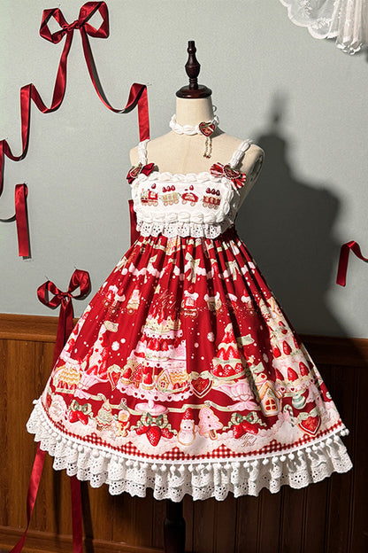 Lolita Jumper Skirt - Mint Strawberry Dessert Print, 4 Colors, High Waist, Bow Detail - additional product view 16