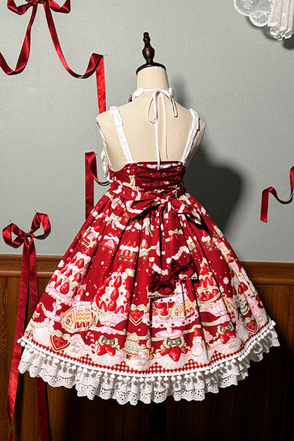 Lolita Jumper Skirt - Mint Strawberry Dessert Print, 4 Colors, High Waist, Bow Detail - additional product view 17