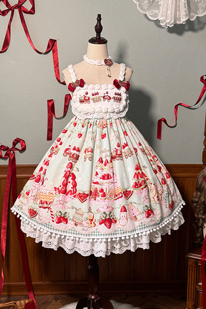 Lolita Jumper Skirt - Mint Strawberry Dessert Print, 4 Colors, High Waist, Bow Detail - additional product view 18