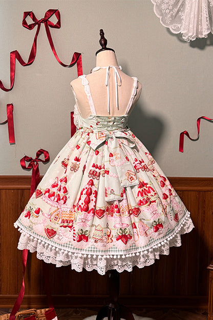 Lolita Jumper Skirt - Mint Strawberry Dessert Print, 4 Colors, High Waist, Bow Detail - additional product view 19