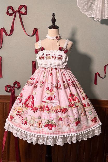 Lolita Jumper Skirt - Mint Strawberry Dessert Print, 4 Colors, High Waist, Bow Detail - additional product view 20