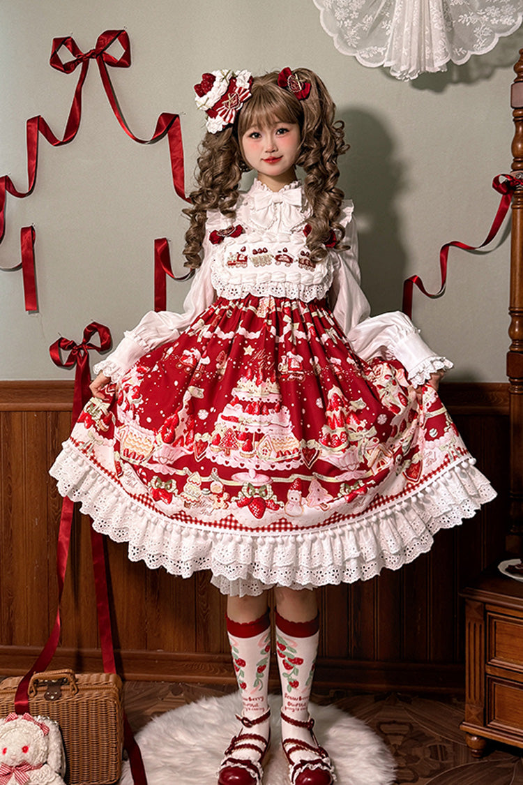 Lolita Jumper Skirt - Mint Strawberry Dessert Print, 4 Colors, High Waist, Bow Detail - main product image