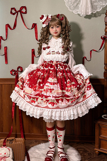 Lolita Jumper Skirt - Mint Strawberry Dessert Print, 4 Colors, High Waist, Bow Detail - main product image