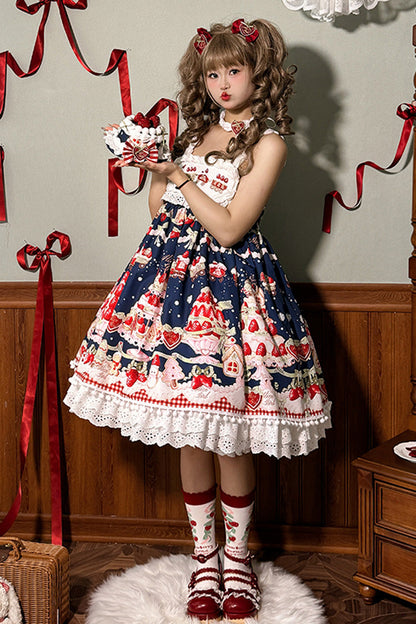 Lolita Jumper Skirt - Mint Strawberry Dessert Print, 4 Colors, High Waist, Bow Detail - XS Blue / S Blue / M Blue option