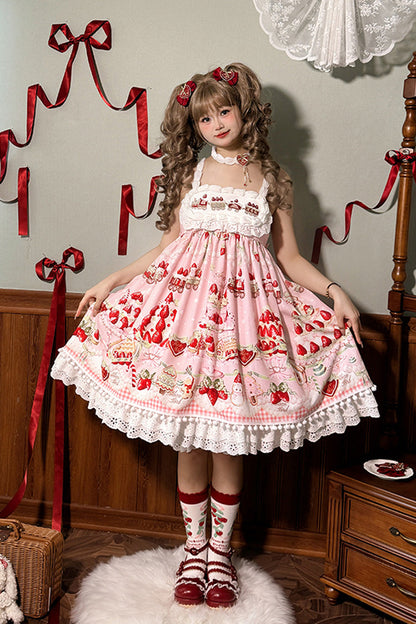 Lolita Jumper Skirt - Mint Strawberry Dessert Print, 4 Colors, High Waist, Bow Detail - XS Pink / S Pink / M Pink option