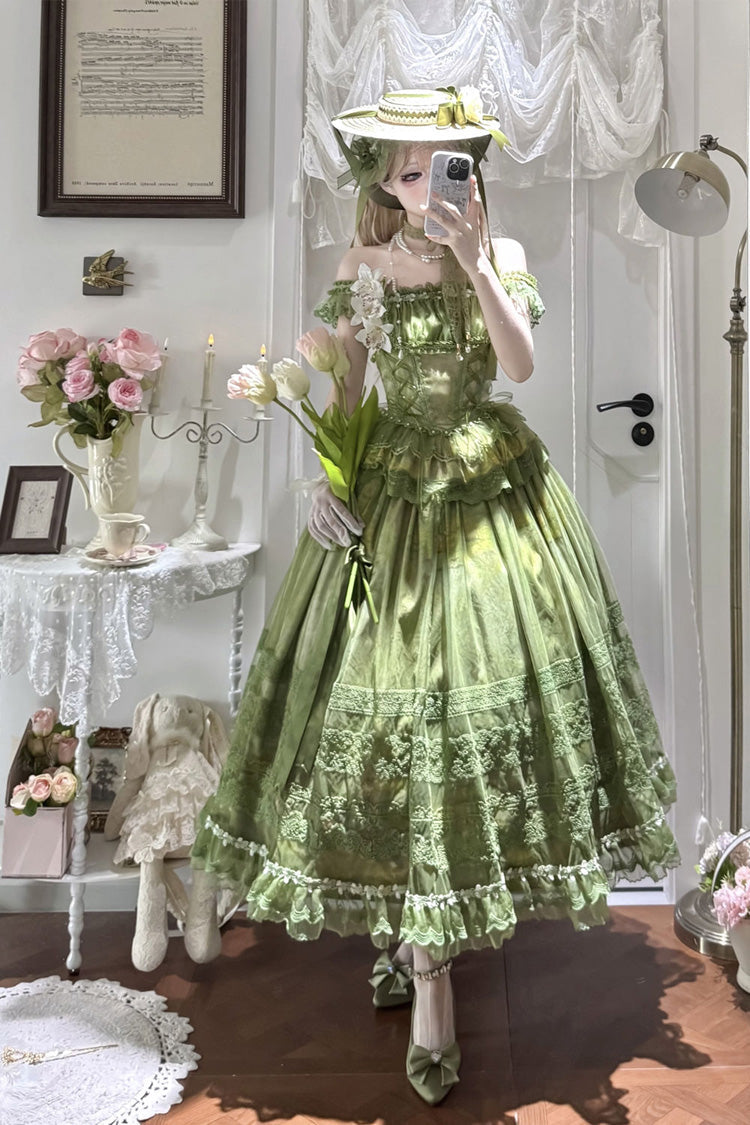 Lolita Jumper Skirt - Mist-shrouded Vineyard, Green, Bow Detail, Lace Trim, Ruffled - additional product view 2
