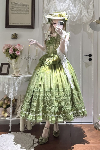 Lolita Jumper Skirt - Mist-shrouded Vineyard, Green, Bow Detail, Lace Trim, Ruffled - additional product view 3