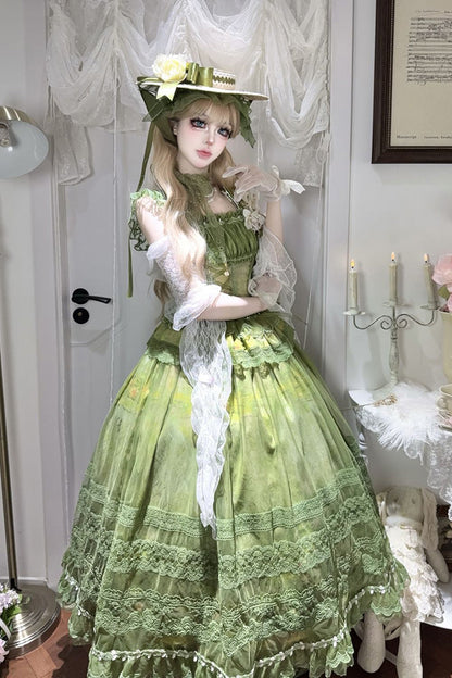 Lolita Jumper Skirt - Mist-shrouded Vineyard, Green, Bow Detail, Lace Trim, Ruffled - additional product view 4