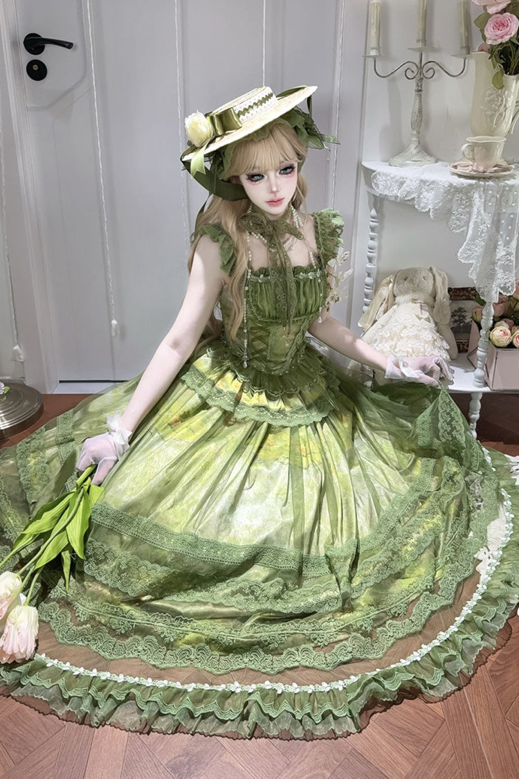 Lolita Jumper Skirt - Mist-shrouded Vineyard, Green, Bow Detail, Lace Trim, Ruffled - additional product view 5