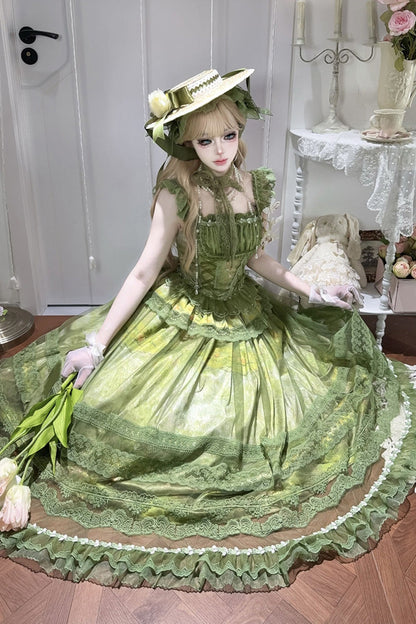 Lolita Jumper Skirt - Mist-shrouded Vineyard, Green, Bow Detail, Lace Trim, Ruffled - additional product view 5