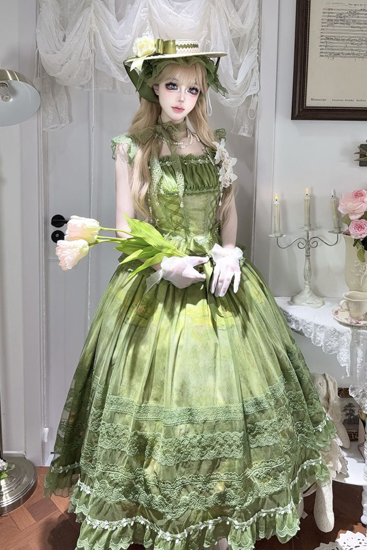 Lolita Jumper Skirt - Mist-shrouded Vineyard, Green, Bow Detail, Lace Trim, Ruffled - main product image
