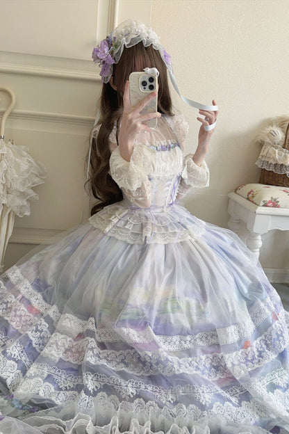 Lolita Jumper Skirt - Mist-shrouded Vineyard, Purple, Ruffled, Lace-Up, Sweet Style - additional product view 2