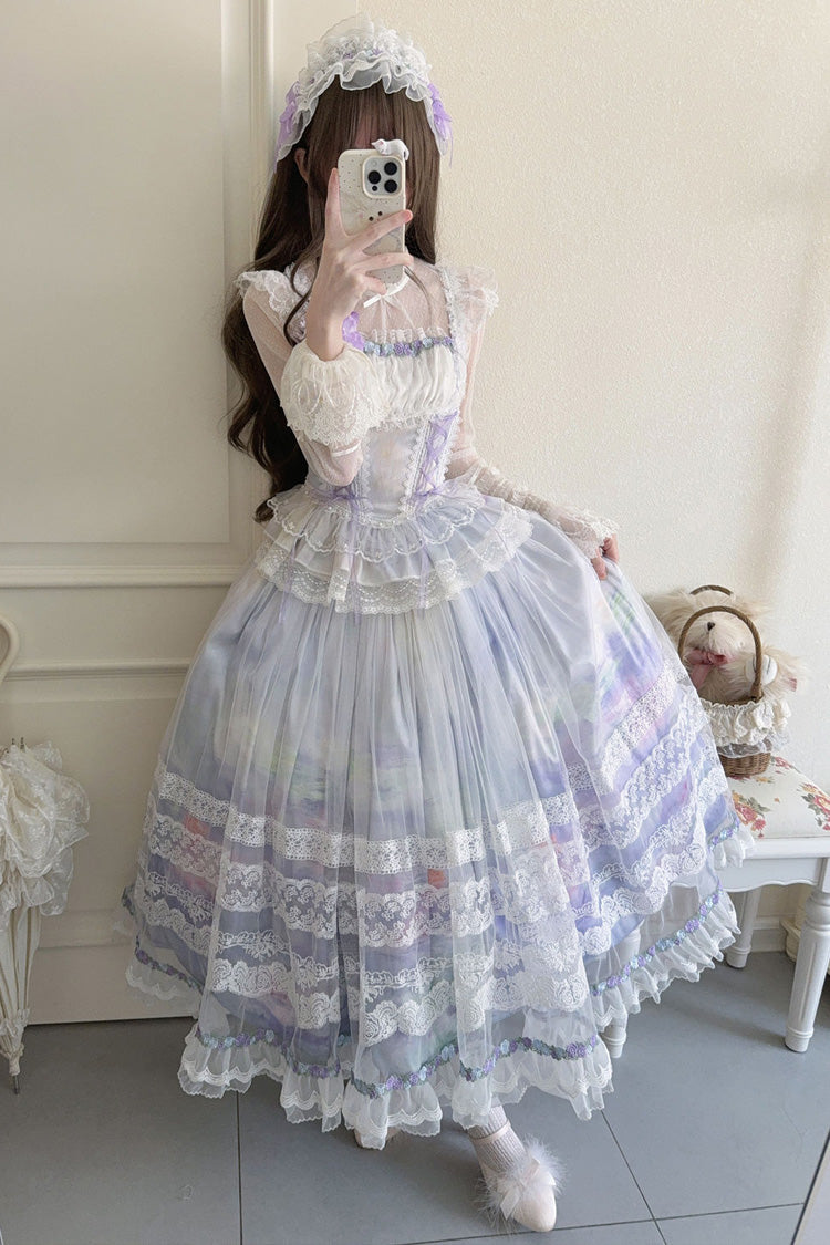 Lolita Jumper Skirt - Mist-shrouded Vineyard, Purple, Ruffled, Lace-Up, Sweet Style - additional product view 3