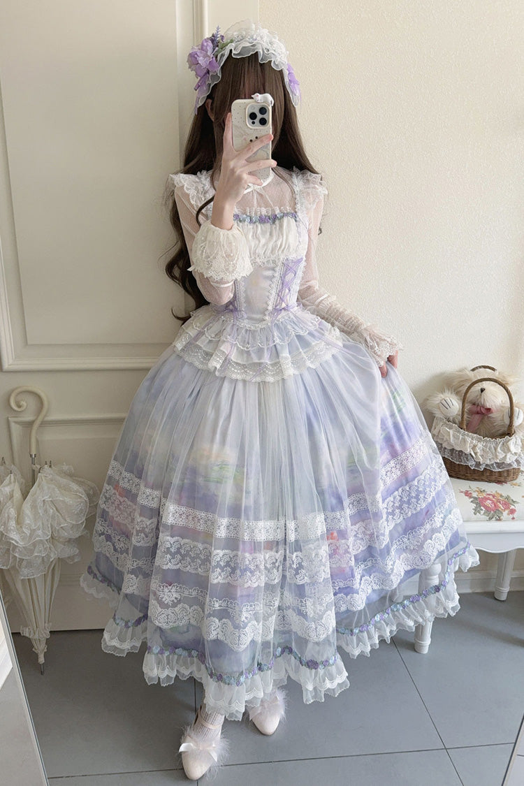 Lolita Jumper Skirt - Mist-shrouded Vineyard, Purple, Ruffled, Lace-Up, Sweet Style - additional product view 5