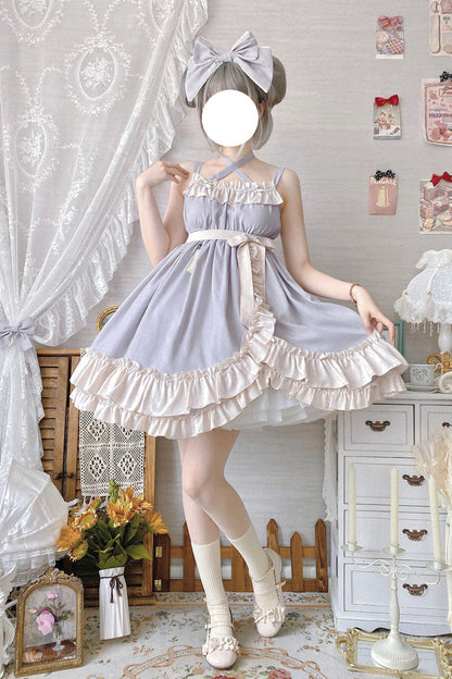 Lolita Jumper Skirt - Monet Estate, Gray, High Waist, Bow Detail, Ruffled - additional product view 2