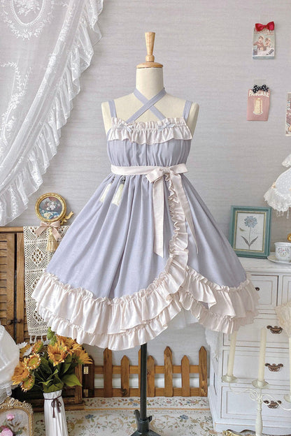 Lolita Jumper Skirt - Monet Estate, Gray, High Waist, Bow Detail, Ruffled - additional product view 3