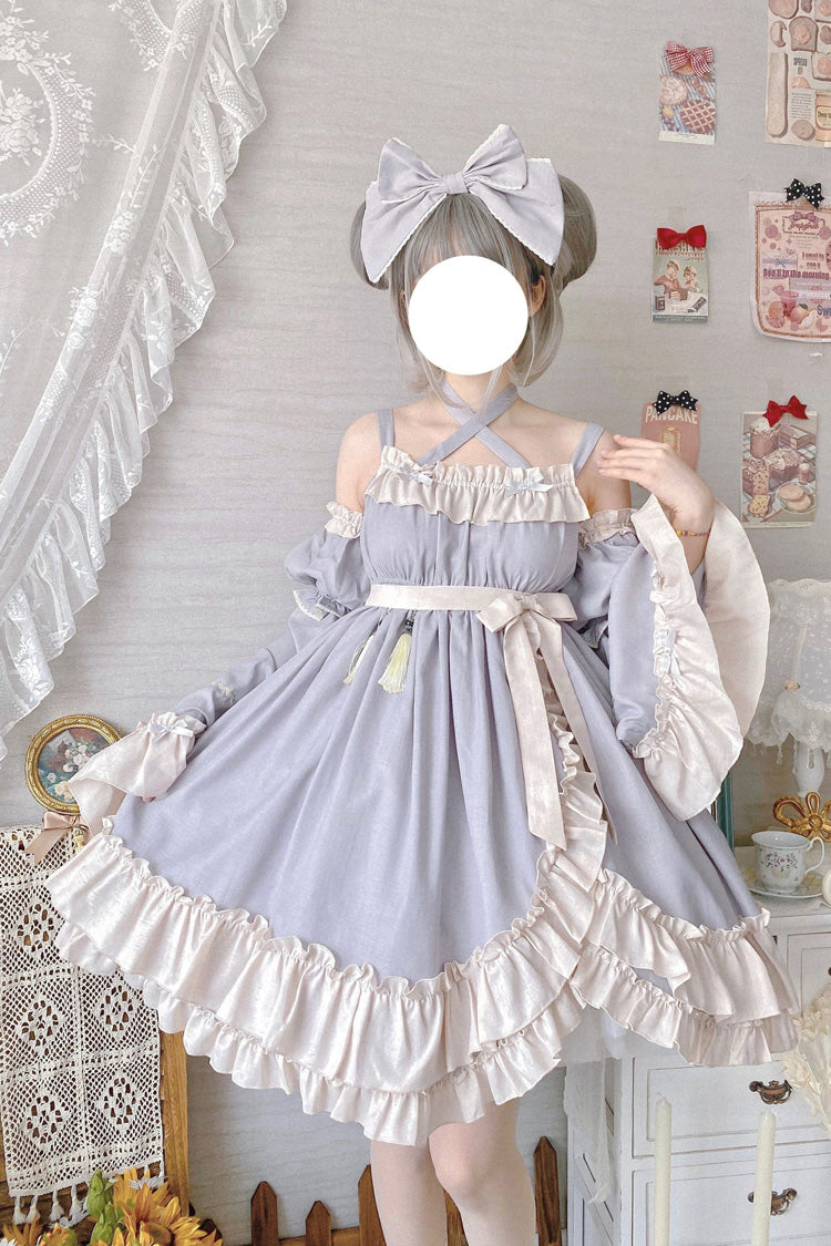 Lolita Jumper Skirt - Monet Estate, Gray, High Waist, Bow Detail, Ruffled - additional product view 4