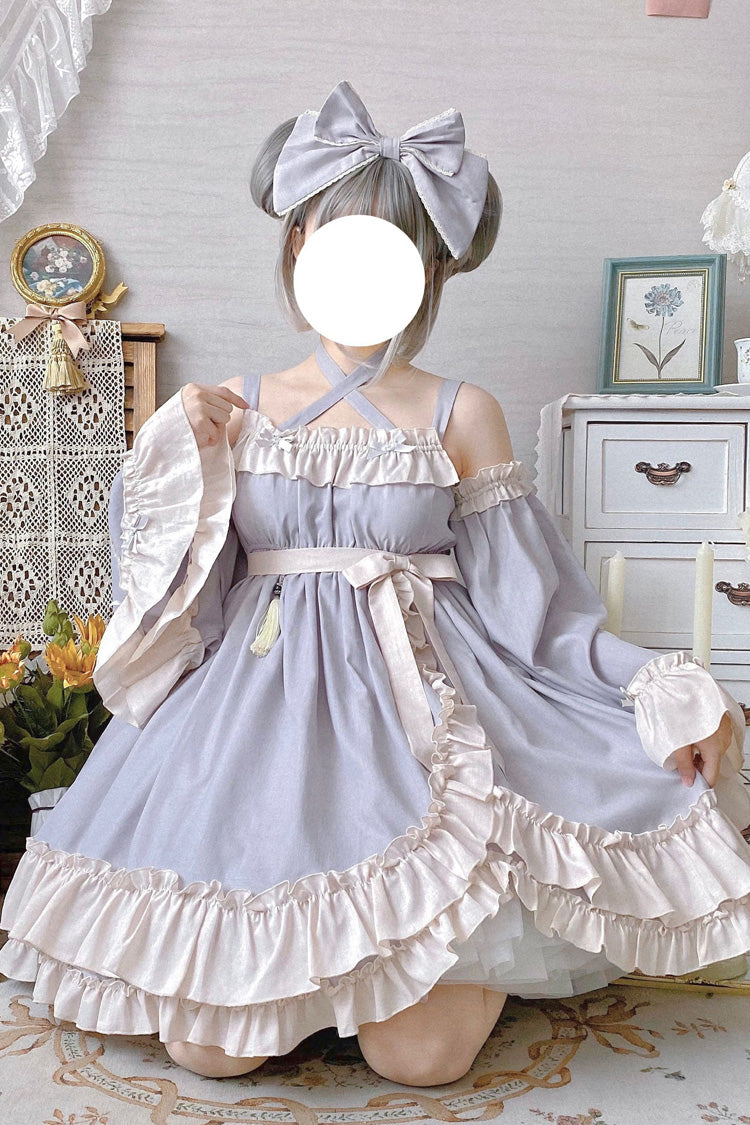 Lolita Jumper Skirt - Monet Estate, Gray, High Waist, Bow Detail, Ruffled - additional product view 5