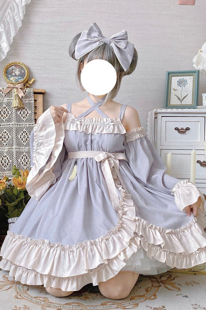 Lolita Jumper Skirt - Monet Estate, Gray, High Waist, Bow Detail, Ruffled - additional product view 5