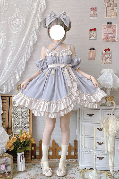 Lolita Jumper Skirt - Monet Estate, Gray, High Waist, Bow Detail, Ruffled - additional product view 7