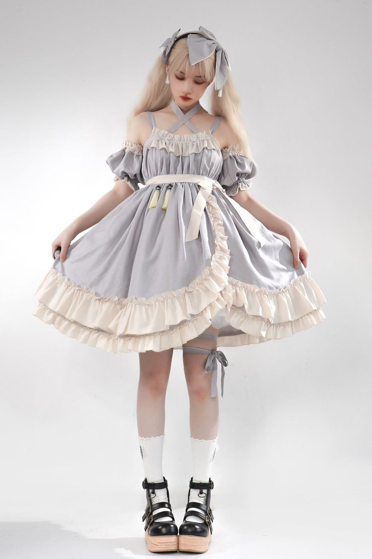 Lolita Jumper Skirt - Monet Estate, Gray, High Waist, Bow Detail, Ruffled - additional product view 10