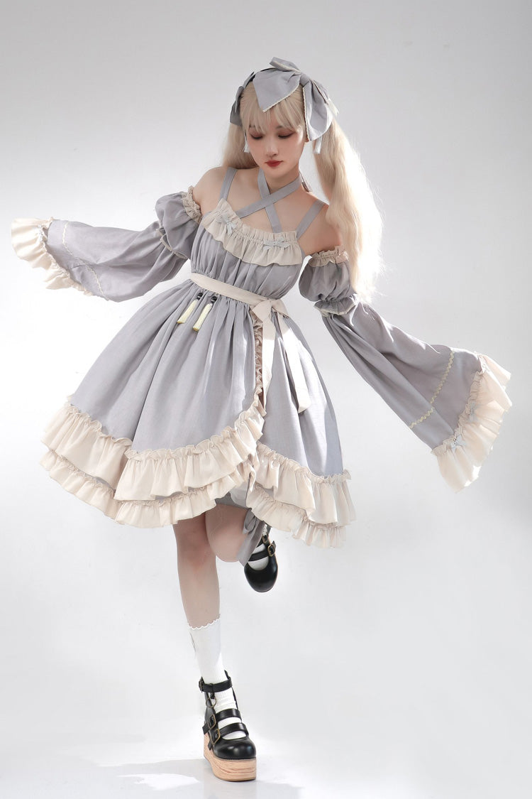 Lolita Jumper Skirt - Monet Estate, Gray, High Waist, Bow Detail, Ruffled - additional product view 11