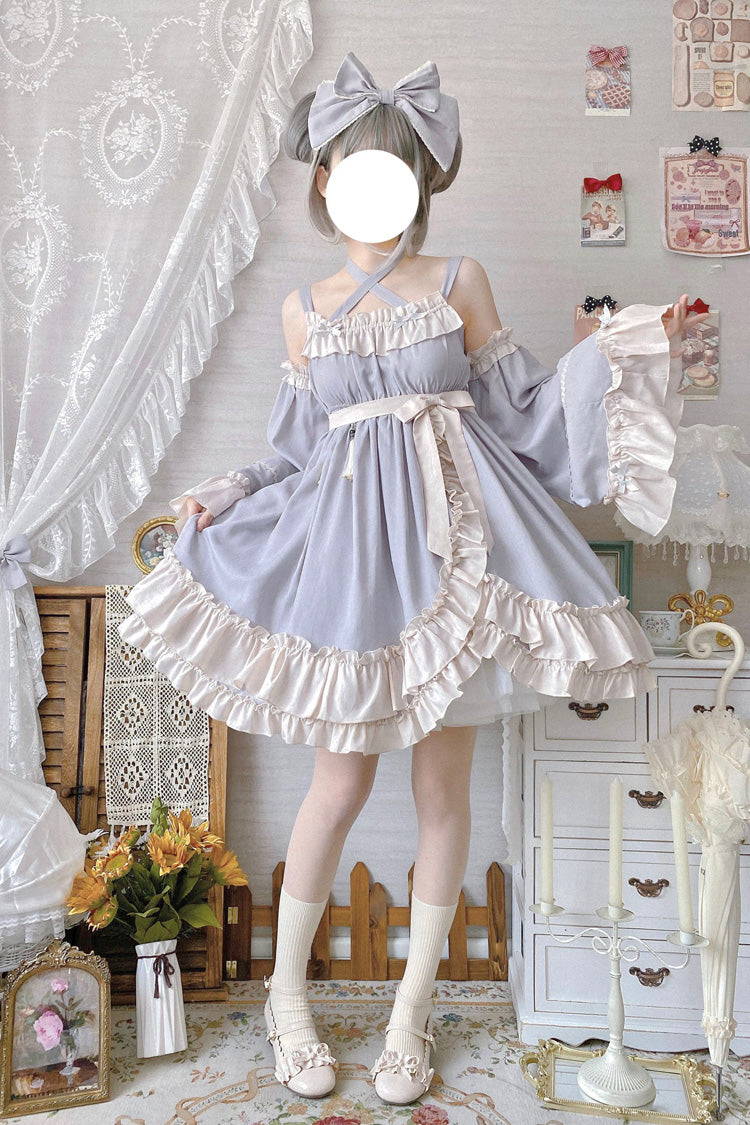 Lolita Jumper Skirt - Monet Estate, Gray, High Waist, Bow Detail, Ruffled - main product image