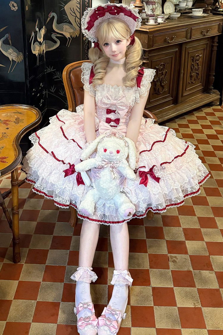 Lolita Jumper Skirt - Moon-tide Butterfly’s Call, Pink, Bow Detail, Lace Trim, Ruffled - additional product view 2