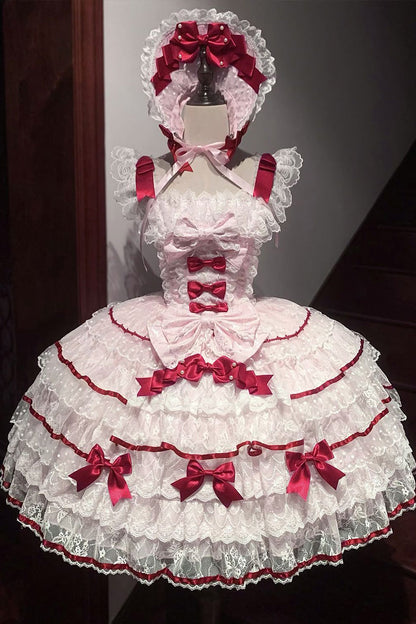 Lolita Jumper Skirt - Moon-tide Butterfly’s Call, Pink, Bow Detail, Lace Trim, Ruffled - additional product view 3