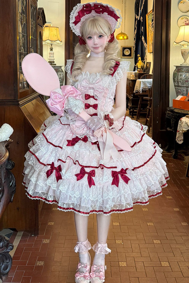 Lolita Jumper Skirt - Moon-tide Butterfly’s Call, Pink, Bow Detail, Lace Trim, Ruffled - additional product view 4