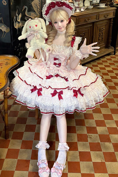 Lolita Jumper Skirt - Moon-tide Butterfly’s Call, Pink, Bow Detail, Lace Trim, Ruffled - additional product view 5