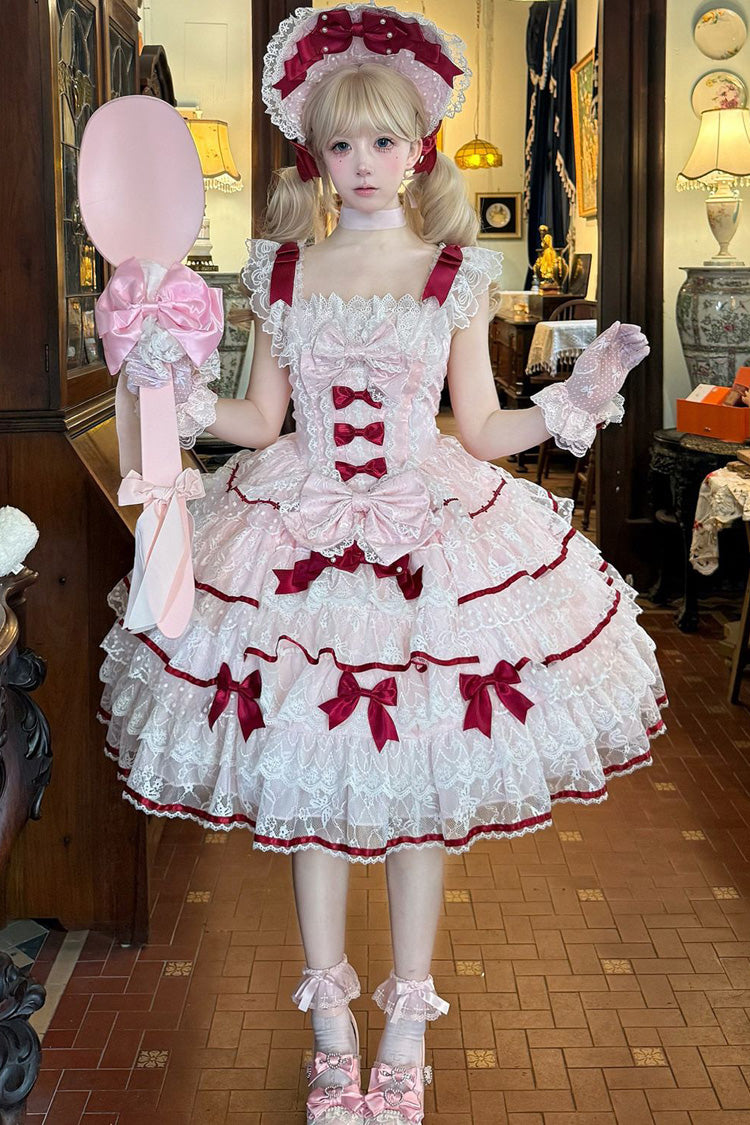 Lolita Jumper Skirt - Moon-tide Butterfly’s Call, Pink, Bow Detail, Lace Trim, Ruffled - main product image