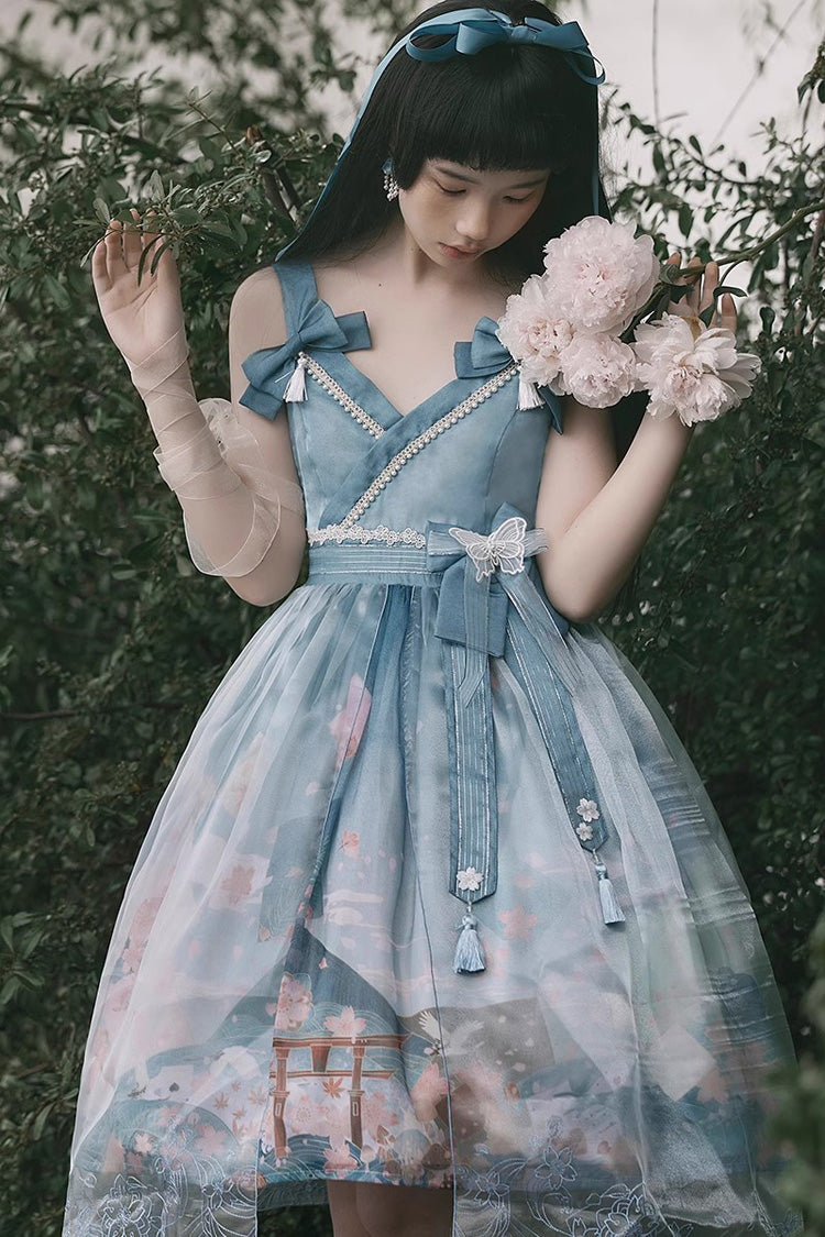 Lolita Jumper Skirt - Multi-color Mount Fuji Cherry, Multi-Color, Sweet Style, Bow Detail - main product image