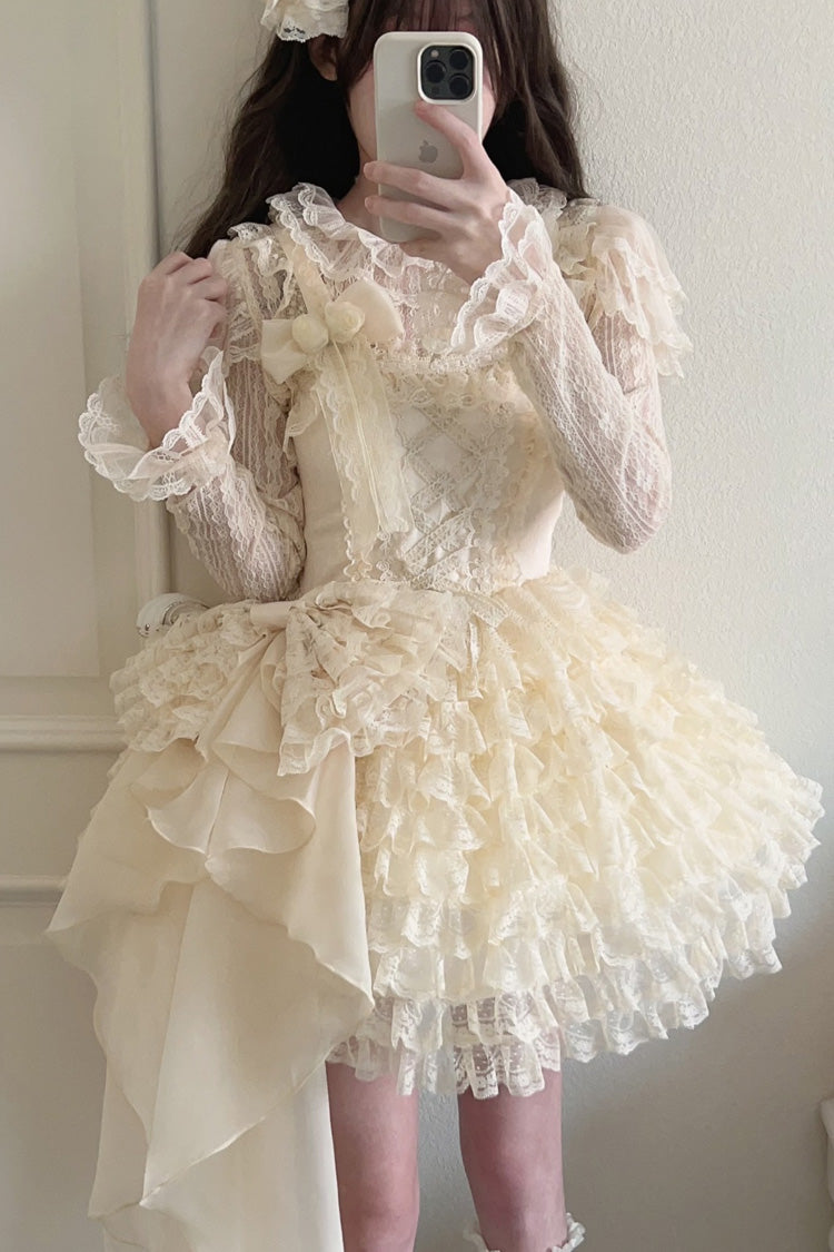 Lolita Jumper Skirt - Multi-layer, 2 Colors, Layered, Sweet Style, Bow Detail - S Apricot / M Apricot / L Apricot option
