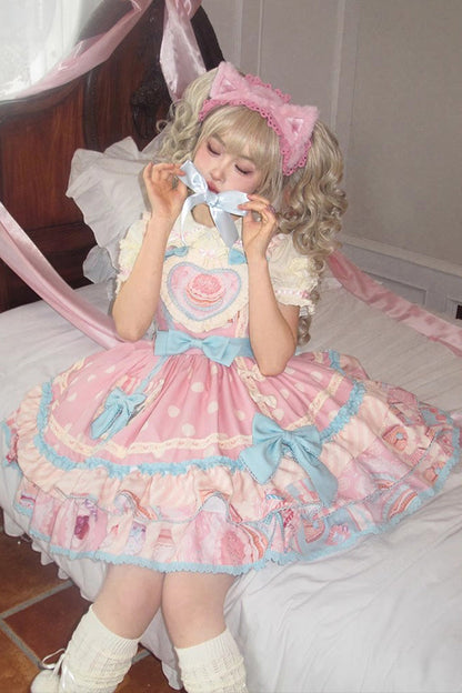 Lolita Jumper Skirt - Multi-layer Frosted Sugar, Pink, Sweet Style, Bow Detail, Printed - additional product view 2