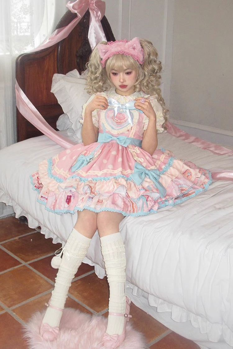 Lolita Jumper Skirt - Multi-layer Frosted Sugar, Pink, Sweet Style, Bow Detail, Printed - additional product view 3