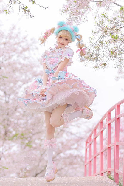 Lolita Jumper Skirt - Multi-layer Frosted Sugar, Pink, Sweet Style, Bow Detail, Printed - additional product view 7